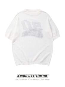Unisex Casual Loose Number & Letter Print Drop Shoulder Round Neck Short Sleeve T-Shirt, Korean Style, Spring/Summer