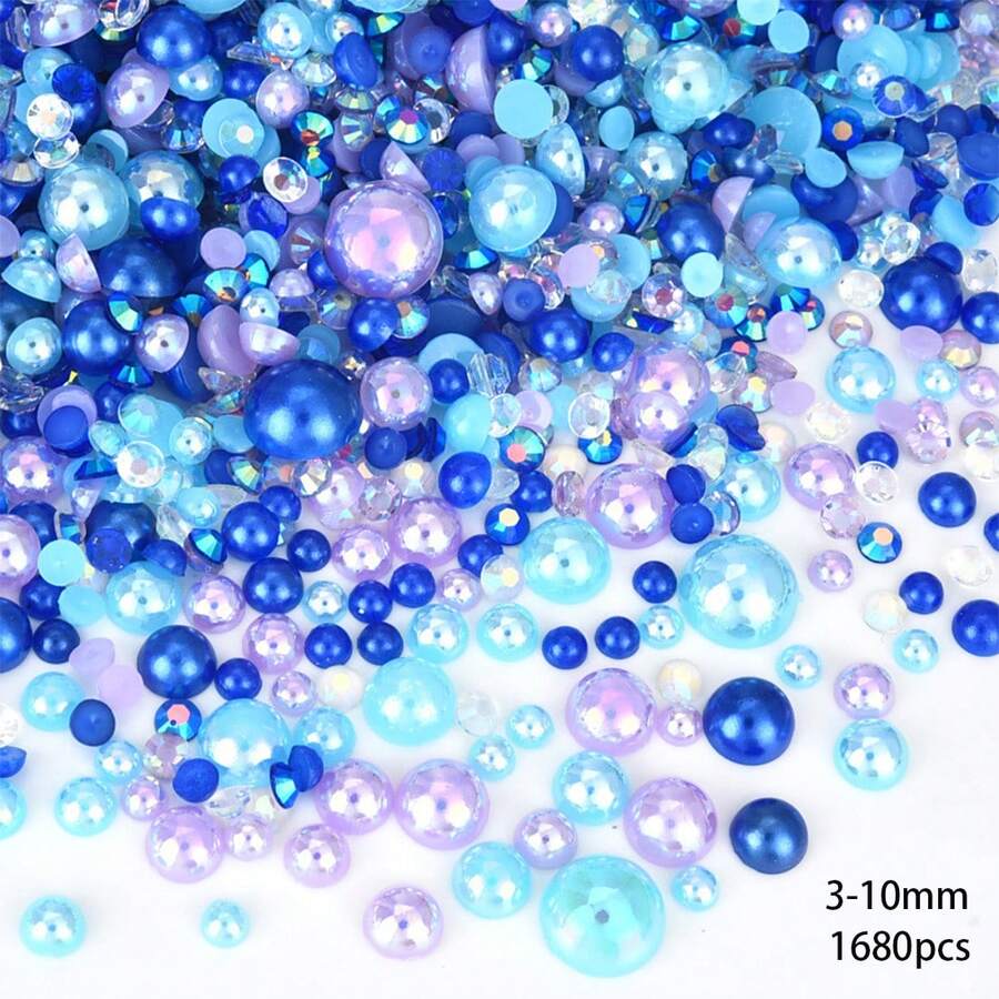 1680pcs 3-10mm Mixed Resin Pearl & Rhinestone Flat Bottom Pearl Decoration DIY Accessories For Phone Cases, Mirrors, Cups, Crafts, Shoes - Dark Blue Light Purple Lake Blue AB Color - View 1