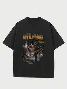 Para hombre,Camisa con Letra "The Wolf Man" y Caricatura de un Hombre Lobo,Camiseta casual de cuello redondo y manga corta con estampado,adecuada para uso diario en primavera y verano,unisex - Negro - Ver 1