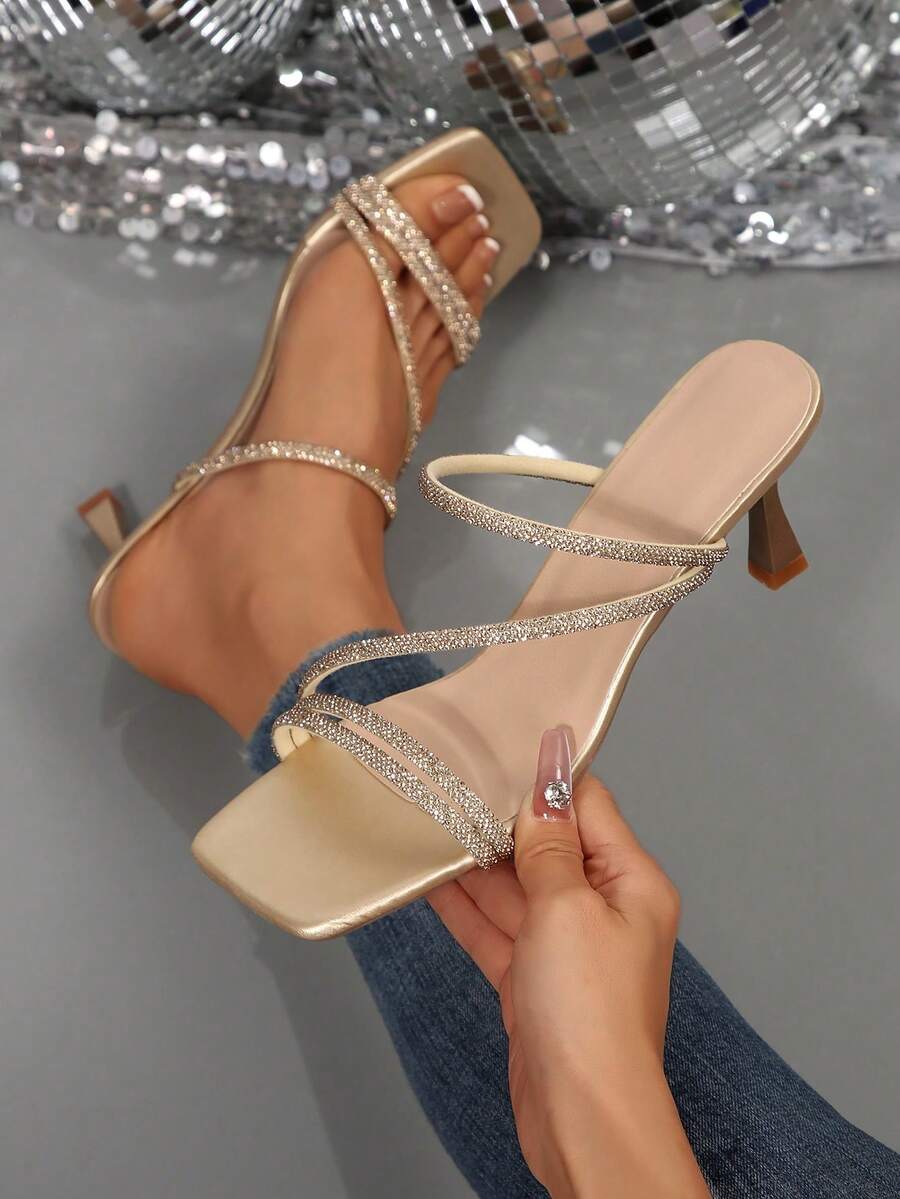 Black Square-Toe Chunky Heel Sandals For Women, New Fashionable French Style Rhinestone High Heels, Versatile For Summer & Autumn