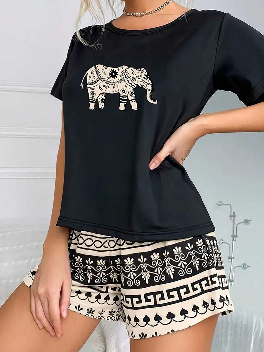 Conjunto de pijama casual y sencillo con estampado de elefante para mujer - Negro - Ver 1
