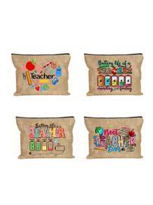 Bolsa de maquillaje con estampado de "Maestro" como regalo de aprecio al maestro, monedero de lino caqui, bolsa de cosméticos con forro y sin cierre - perfecto para educadores y personal escolar, regalo de agradecimiento al maestro, accesorios casuales y elegantes para salidas, vacaciones, viajes diarios, bolsa de cosméticos, regalo de cumpleaños para mamá, amiga
