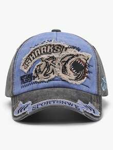 1pc Men's New Washed Shark Embroidery Outdoor Sports Sun Protection Baseball Cap, Street Style Large Head Circumference - Multicolor - View 6