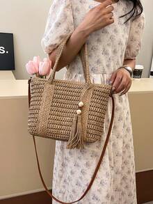 Fashionable Casual Straw Large Capacity Solid Color Shoulder Tote Bag For Women, Straw Tassel Decor Shoulder Crossbody Bag, Large Capacity Pocket Beach Bag
