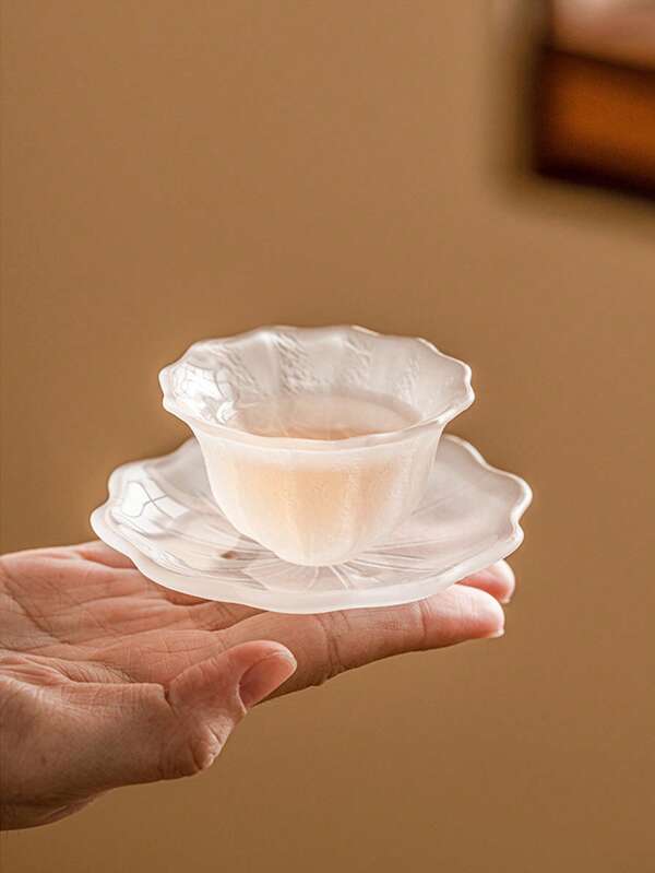 1 Set Exquisite High-Quality Practical Frosted Crystal Flower Petal Glass Tea Cup & Saucer Set, Tea Art Accessory, Homewares