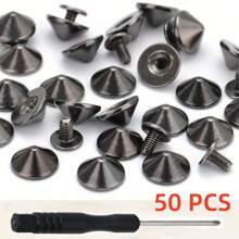 50 Sets Silver Alloy Cone Spikes And Studs, 4.7mm 3/16" Bullet Screw Back Punk Studs For Clothing, Shoes, Leather Craft, Belts, Bags With Installation Tools