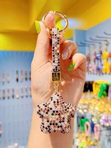 1pc Full Rhinestone Pentagram Keychain, Cute Tassel Bag Keyring Pendant For Men & Women