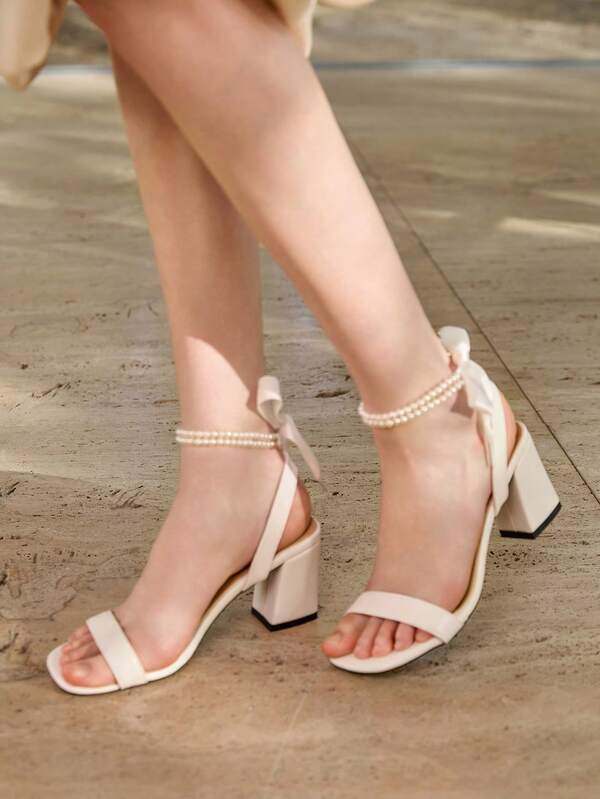 Women's Chunky Heel White Faux Pearl Bow Simple White High-Heeled Sandals, White Valentines Christmas Winter Christmas Gifts