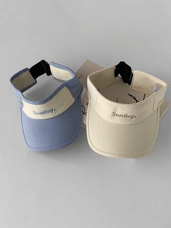 1 件女士夏季度假沙滩太阳帽，甜美可爱百搭字母刺绣撞色开顶帽，长檐防晒帽，适合度假、露营