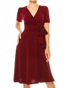 Chic Solid Faux Wrap Dress With Deep V-Neck For Elegant & Casual Wear  Plain  Elegant  Casual  Knitted Fabric  Wrap  Knot  Bow - 酒紅色 - 查看 4