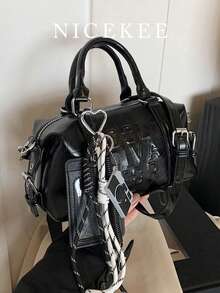 复古时尚柔软PU高品质枕形手提包，简约个性优雅斜挎包，适合女性工作、通勤、约会、购物、旅行等场合。 - 黑色 - 查看 2