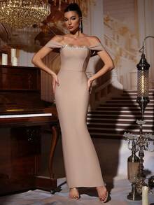 Modphy 全新亮片水钻装饰无袖露背超长绷带连衣裙，优雅女士正式礼服，适合婚礼、派对、舞会、晚会、婚礼宾客 - 杏色 - 查看 1