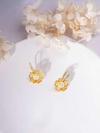 2 piezas Pendientes de mujer con diseño de flor hueca con cristales, chapados en oro de 24K, diseño floral DIY, regalo para amigos, novia, esposa, festivales, cumpleaños, adecuado para uso diario y festivo