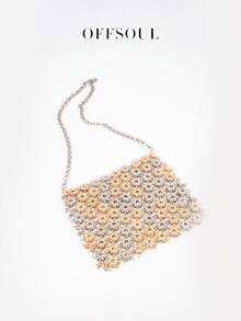 European & American Retro Fashion Metallic Sequined Woven Horizontal Crossbody Bag, Stylish Glitter Evening Clutch Purse For Party, Wedding, Gift - Silver - View 3