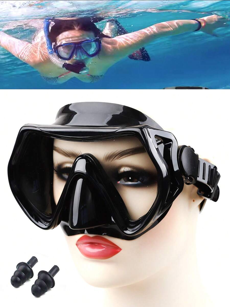潛水鏡面護目鏡 漁夫潛水眼鏡 眼睛保護 鼻夾 耳塞套裝 - 黑色 - 查看 1