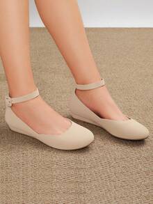 Women's Flats Round Toe V-Shaped Mouth Comfort Daily Casual Commut Low Wedge Ankle Strap Adjustable Buckle Flats Shoes For Valentine's Day - 杏色 - 查看 4