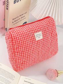 1 pieza Bolsa de maquillaje de estilo reticulado, juego de bolsos de estilo coreano acolchado en color rosa rojo, estilo Ins, elementos esenciales de vacaciones para niñas, bolsa con cremallera de gran capacidad, cartera, bolsa para tampones, bolsa de belleza con estampado de mariposa, accesorios esenciales de primavera para damas, bolsa de almacenamiento de uso diario para viajes, regalo para boda, dama de honor, Navidad, Día de la Madre, Día de la Enfermera, Día del Maestro