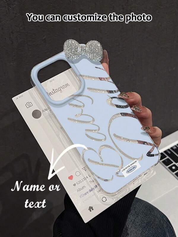 1 pezzo Custodia personalizzata per telefono con nome IMD, decorazione con fiocco in diamante ceramico, testo artistico scintillante personalizzato, antiurto e trasparente, adatto per 16, 11, 13 Pro Max, 15 Pro Max, 12, 14 Pro