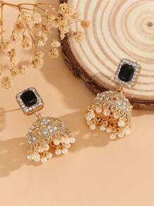 1 Pair Luxury Earrings, Elegant Crystal Embedded Fashion Bells & Tassel Faux Pearl Drop Earrings, Bollywood Jewelry Gift Suitable For Women's Daily, Festival, Wedding And Party Wear