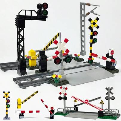 MOC 城市火车轨道过道升降杆路障积木套装，DIY 创意成人建筑玩具，交通道路交叉口