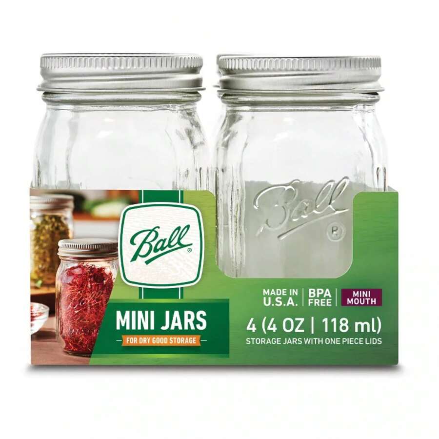 Conjunto de 4 frascos de cristal mini Mason de 4oz con tapa: Almacenamiento de especias, Recipiente de alimentos transparente, Apto para lavavajillas, Tapa de metal - 1 - Ver 1