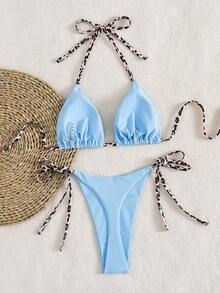 2pcs Set Leopard Print Halter Tie Bikini Swimsuit - Lake Blue - View 3