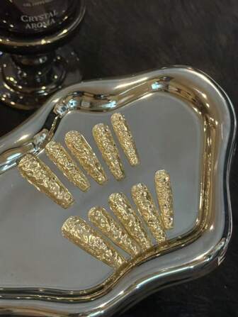 10pcs Set Handmade Luxury Nail Art Armor Gold Long Press-On Nails, Removable Nails Suitable For Parties, Events, Festivals