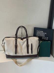 BAILEE 1 Pc Fashionable And Casual Retro Large Capacity Multifunctional Solid Color Washed Canvas Foldable With Zipper Design Travel Bag&Week Bag&Fitness Bag For Men And Women For Travel Business&Exercise Fitting&Back To School - Beige - View 7