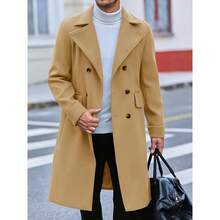 Local Shipping-Long Pea Coat Winter Warm Overcoat,Mens Trench Coat Notch Lapel Slim Fit Double Breasted Blend - Khaki - View 2