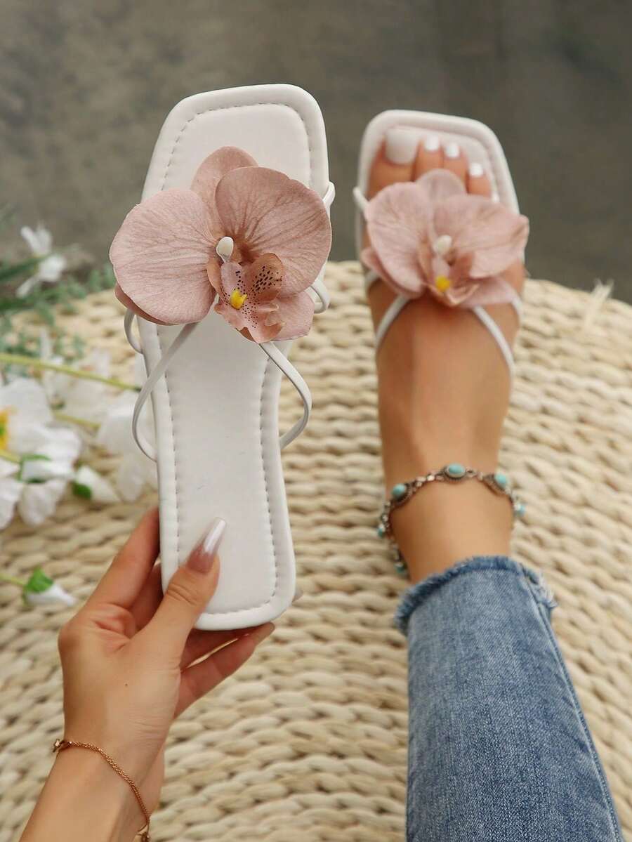 Sandal Selop Wanita Motif Bunga Prancis, Sandal Luar Ruangan Musim Panas Modis Cocok untuk Kencan, Belanja, Pesta, Pakaian Pantai, Sandal Jepit
