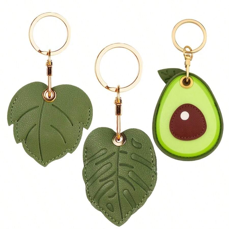 Cute Leaf & Avocado Leather Airtag Protective Case, Suitable For Apple GPS Keychain, Car Charm, Card Holder, Anti-Lost Tracking Locator, Pet Accessories - 彩色 - 查看 1