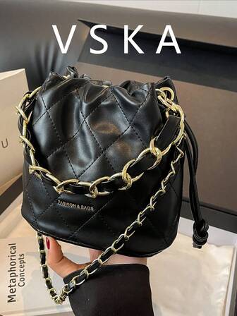 迷你时尚百搭单肩包链条装饰手提水桶包简约大气斜跨单肩包适合通勤出差旅游