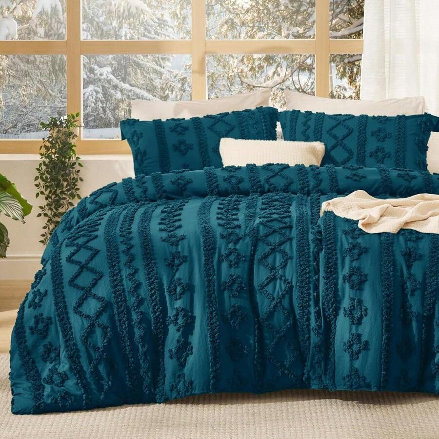 Luxurious Tufted Boho Comforter Set Queen Size - Premium Beige Bedding Ensemble With 3-Piece Shabby Chic Embroidery, Ideal Gifts For Women, Soft Jacquard Queen Comforter For All Seasons - 16 - 青色 - 優雅 - 查看 1