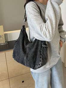 Multi -Pocket Canvas Large -Capacity College Style School Bag Shoulder Bag - Black - View 3