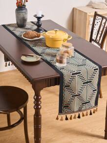 1pc Gold Wavy Striped Jacquard Table Runner, Modern Nordic Style With Tassels, Rectangular Decor For Dining, Coffee, TV Stand, Foyer, Home Decor, Suitable For Holidays, Parties, Birthday, Daily Use