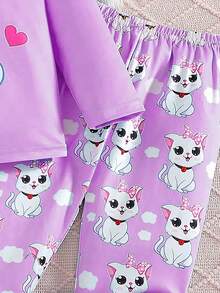 Young Girl' Comfy Cute Cartoon Cat Print Long Sleeve Pajama Set, Spring And Autumn - Purple - View 4