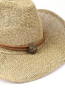 1pc Solid Color Boho Laser Cutout Rhinestone Decor UV Protection Western Cowboy Woven Straw Hat, Panama Straw Brimmed Hat, Unisex Fashion Casual Commuter, For All Seasons