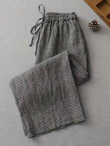Autumn/Winter Black & White Plaid Drawstring Pocket Wide Leg Pants, Casual Daily & Holiday Comfortable & Fashionable