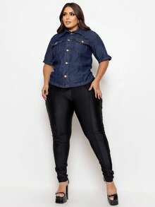 Plus Size Short Sleeve Denim Shirt With Pockets And Buttons - Màu xanh lam - Xem 7