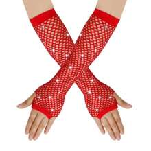 1 Paar sexy lange Strass-Handschuhe, elastische Fischnetz Halbfinger Cut Out ausgearbeitete Handschuhe für Auftritte
