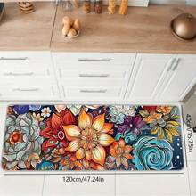 1pc Bohemian Feng Shui Colorful Floral Kitchen Floor Mat, Anti-Slip Soft Carpet, Waterproof Kitchen Mat, Anti-Fouling Mat, Machine Washable, Entrance Door Mat, Kitchen/Living Room/Laundry Room/Bathroom Absorbent Mat, Room Decor