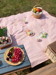 1 pieza Encantadora manta rectangular de pícnic a cuadros rosa y blanco - Mantel tejido a máquina de rayón con bordes con flecos, adecuado para acampar, playa, fotografía al aire libre, accesorio de pícnic