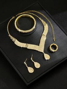 5 Stücke/Set Schmuckset für Frauen: Halskette, Ohrringe, Armband, Ring, Strassen Braut Hochzeit Accessoires