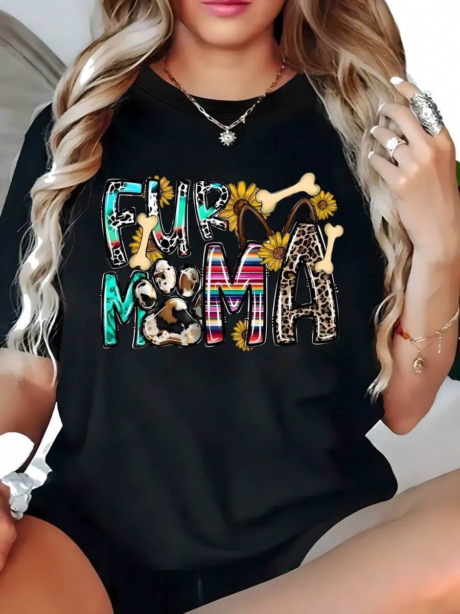Fur Mama Camiseta gráfica de algodón negro con cuello redondo y manga corta para mujer, linda camiseta de verano ligera con estampado de pata de hueso de perro de girasol, camiseta informal de verano ligera de 180 g, elegante camisa estampada para amantes de los animales - Negro - Ver 1