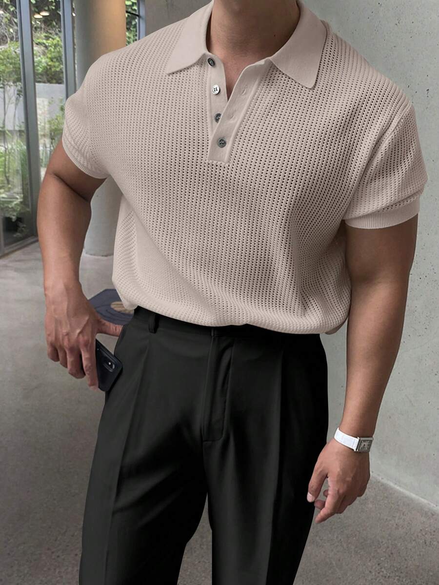 男士镂空设计针织Polo衫，简约时尚，适合夏季 - 卡其色 - 查看 1