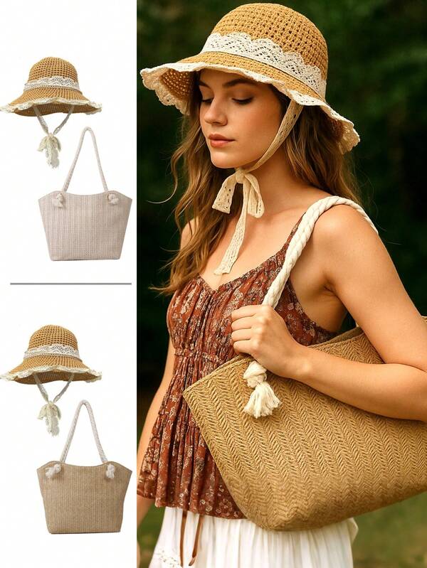Beach Bags For Women Large Straw Beach Bag With Matching Sun Hat - Designer Bag Set, Holiday Accessories Women, Bags For Ladies, Lightweight Combo For Resort Holiday, Beach Wedding, Tropical Vacation, Poolside Lounge, Cruise Getaway & Summer Festivals
