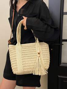 Geantă de umăr tip paie, casual, la modă, de culoare solidă, cu capacitate mare, pentru femei, cu pandantiv decorativ tip ciucure, tip crossbody, pentru vacanță și plajă