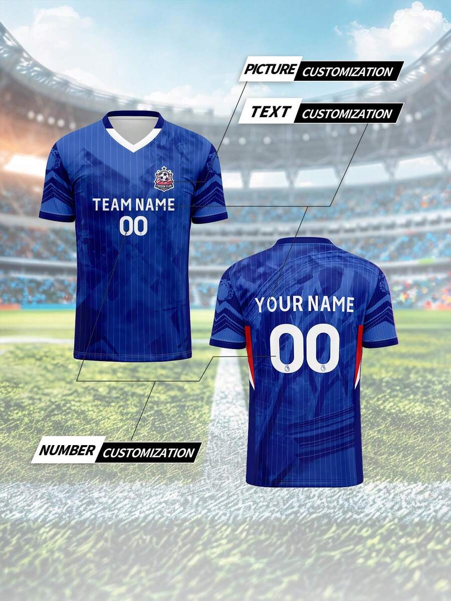 2025 Custom Your Own Jersey, Chelsea, Breathable Quick-Dry 210g One-Piece Shirt, Unisex Spring/Summer Sports Team Club Training V-Neck Football Tee, Front & Back Printed Name Number Logo, Comfortable Fit For Daily, Casual, Party, Gathering - Multicolor - View 1