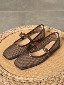 New Hollow-Out Mesh Ballet Brown Square-Toe Summer Breathable Soft Casual Flat Sandals, Ladies Plain Color Comfy Leisure Flat Shoes
