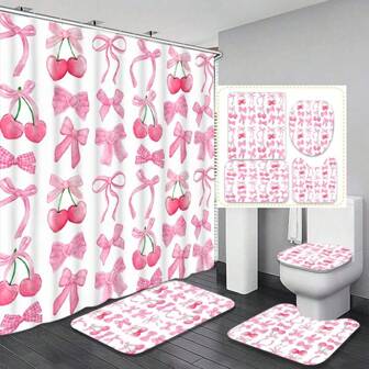 1/4 piezas Juego de cortina de ducha con estampado de lazo rosa y cereza, regalo del Día de la Madre, decoración del hogar, decoración de primavera/otoño, decoración festiva, impermeable y lavable, incluye 12 ganchos, accesorios esenciales para el baño, divisor de bañera, fácil limpieza para una experiencia de baño refrescante, accesorios de baño, de vuelta a la escuela